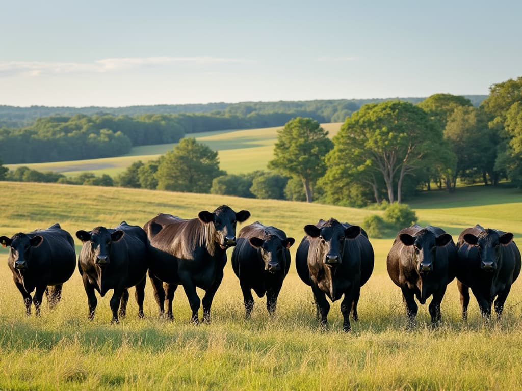 Black cattle standing in a lush green field with rolling hills in the background